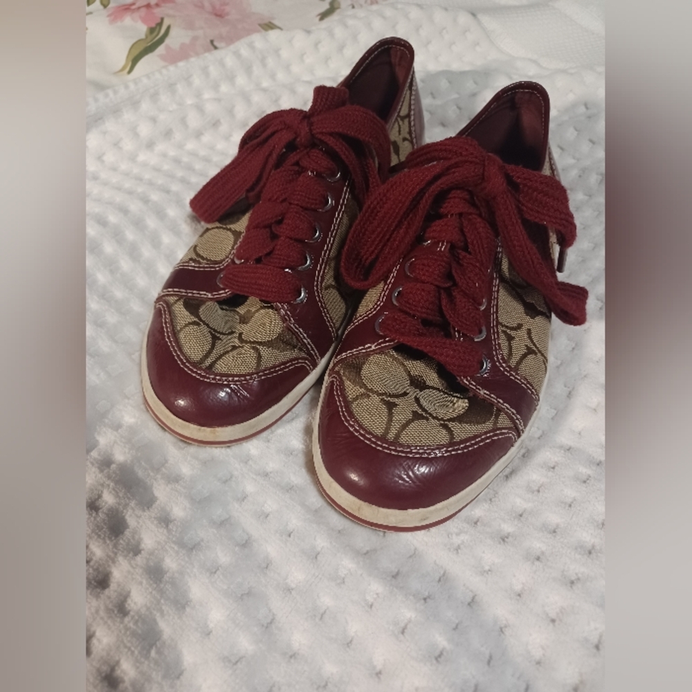 Coach Maroon and Tan Signature Canvas Sneakers
